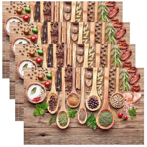 Seasoning Spoon Placemats Set of 4, 17x12 Inch Rustic Farmhouse Wooden Plank Spice Spoon Art Print Table Mats for Home Party Kitchen Dining Decor - color: Style, size: 4PCS
