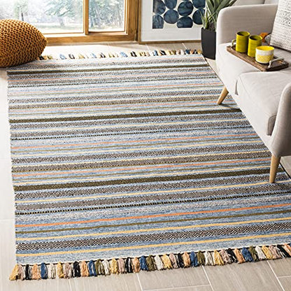 SAFAVIEH Montauk Collection Area Rug - 5' x 8', Blue & Multi, Handmade Boho Stripe Fringe Cotton, Ideal for High Traffic Areas in Living Room, Bedroom (MTK901C) - color: Blue/Multi, size: 5' x 8' (Rectangular)