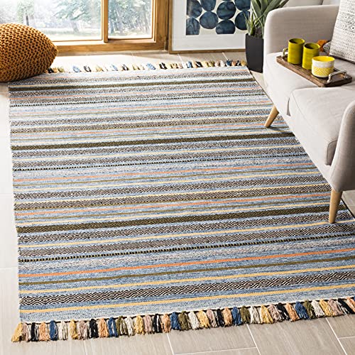SAFAVIEH Area Rug 8x10 - Montauk Collection - Large - Blue & Multi, Handmade Cotton, Boho Stripe Fringe Design, Ideal for Living Room, Bedroom, Office, Dining Space (MTK901C) - color: Blue/Multi, size: 8' x 10' (Rectangular)