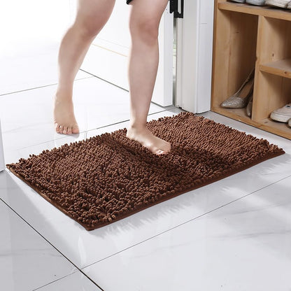 Chenille Bath Rug Non Slip Quick Dry Shag Solid Mat for Bathroom Tub, Machine Washable, Coffee, 18"×28" - color: Coffee, size: 1'6" x 2'4" (Rectangular)