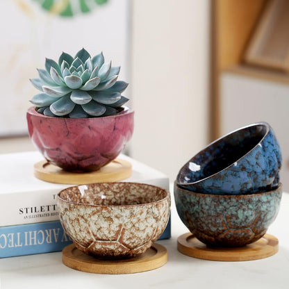 YYW Ceramic Succulent Planter, 4 Pack Cute Garden Pots with Drainage and Attached Saucer - color: Dark Ceramics