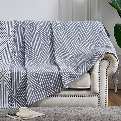 jinchan 100% Cotton Muslin Blanket Twin Boho Throw Blanket 60x80 Slate Blue | 3-Layer, Geometric Triangle Quilt, Cooling Breathable Lightweight, for Adult, Soft, Reversible, Summer, Couch, Sofa, Bedroom - color: B. Triangle Blue, size: 60"x80"