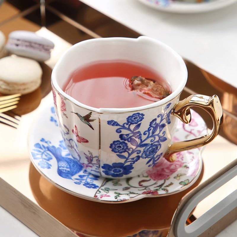 KAMMAK Tea Cups and Saucers Set of 2, 8 oz Porcelain Coffee Cups, YX018 | Stackable Espresso Mugs, Ceramic Demitasse for Coffee, Cappuccino, Latte, Americano, Tea - size: 8CZYX018