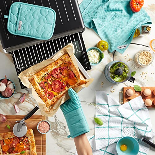 KITCHENAID Quilted Cotton Terry Cloth Oven Mitt, Pot Holder, Kitchen Towel 4-Pack Set, Heat Resistant, Silicone Grip, 16"x26", 7"x13" & 7"x10", Aqua Sky - color: Aqua Sky