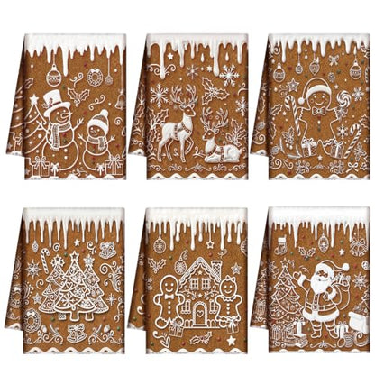 Redbaker 6 Pcs Gingerbread House Kitchen Towels Christmas Dish Towels | Absorbent Kitchen Hand Tea Dishcloth with Hanging Loop Winter Snowflakes Decorations for Xmas Bathroom Home Housewarming Gift - style: Gingerbread House