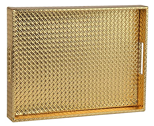 HofferRuffer Rectangle Serving Tray with Hole Handles for Coffee Table, Breakfast, Tea, Food, Butler - Countertop, Kitchen, Vanity Serve Tray, 16.2 x 12.2 x 2 inches, Faux Leather (Gold) - color: Gold