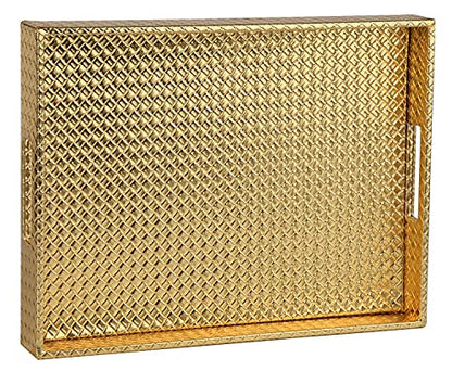 HofferRuffer Rectangle Serving Tray with Hole Handles for Coffee Table, Breakfast, Tea, Food, Butler - Countertop, Kitchen, Vanity Serve Tray, 16.2 x 12.2 x 2 inches, Faux Leather (Gold) - color: Gold