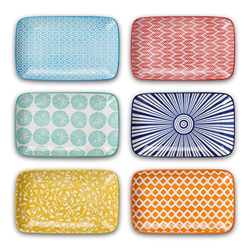 Selamica Ceramic 9.5 Inch Large Rectangular Salad Plates, Dinner Plates, Pasta Dessert Plates Serving Platters and Trays for Appetizer, Sushi, Fruit, Set of 6, Assorted Colors - color: Assorted Colors, size: 9.5 Inch