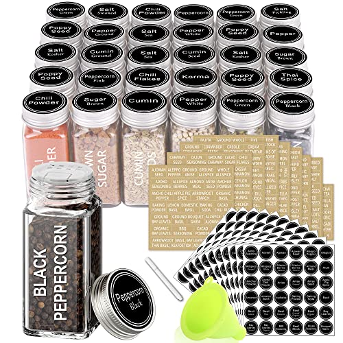 SWOMMOLY 30 Pcs Glass Spice Jars with Lids, 4oz Spice Bottles with Labels | Square Spice Containers with Shaker Lids, 703 Labels, Chalk Marker, Funnel- Seasoning Bottles for Racks, Cabinets, Drawers - size: 4 OZ