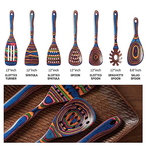Gudamaye Pakka wood 7-Piece Blue Wooden Cooking Utensils, Wooden Spoons for Cooking, Wooden Spoon Set, Wooden Kitchen Utensil set, Pakkawood Cooking Spoons, Non-Stick Spoon,Pakkawood kitchen utensils - style: Pakkawood 7 PCS Blue