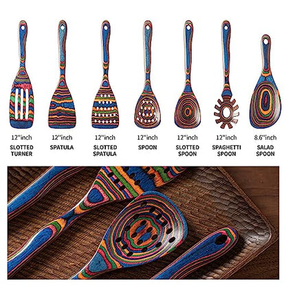 Gudamaye Pakka wood 7-Piece Blue Wooden Cooking Utensils, Wooden Spoons for Cooking, Wooden Spoon Set, Wooden Kitchen Utensil set, Pakkawood Cooking Spoons, Non-Stick Spoon,Pakkawood kitchen utensils - style: Pakkawood 7 PCS Blue