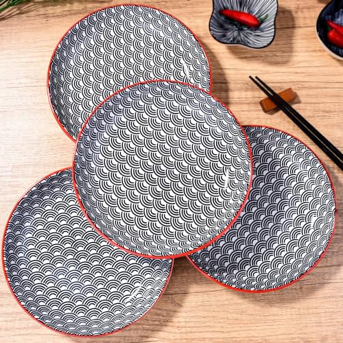 4-Piece Ceramic Salad Plate Set, 8-Inch Round Dessert Plates with Black & White Wave Motif, Modern Serving Dish with Vibrant Red Rim, Microwave & Dishwasher Safe, Stackable Plates for Sushi & Snacks - color: BL