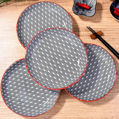 4-Piece Ceramic Salad Plate Set, 8-Inch Round Dessert Plates with Black & White Wave Motif, Modern Serving Dish with Vibrant Red Rim, Microwave & Dishwasher Safe, Stackable Plates for Sushi & Snacks - color: BL