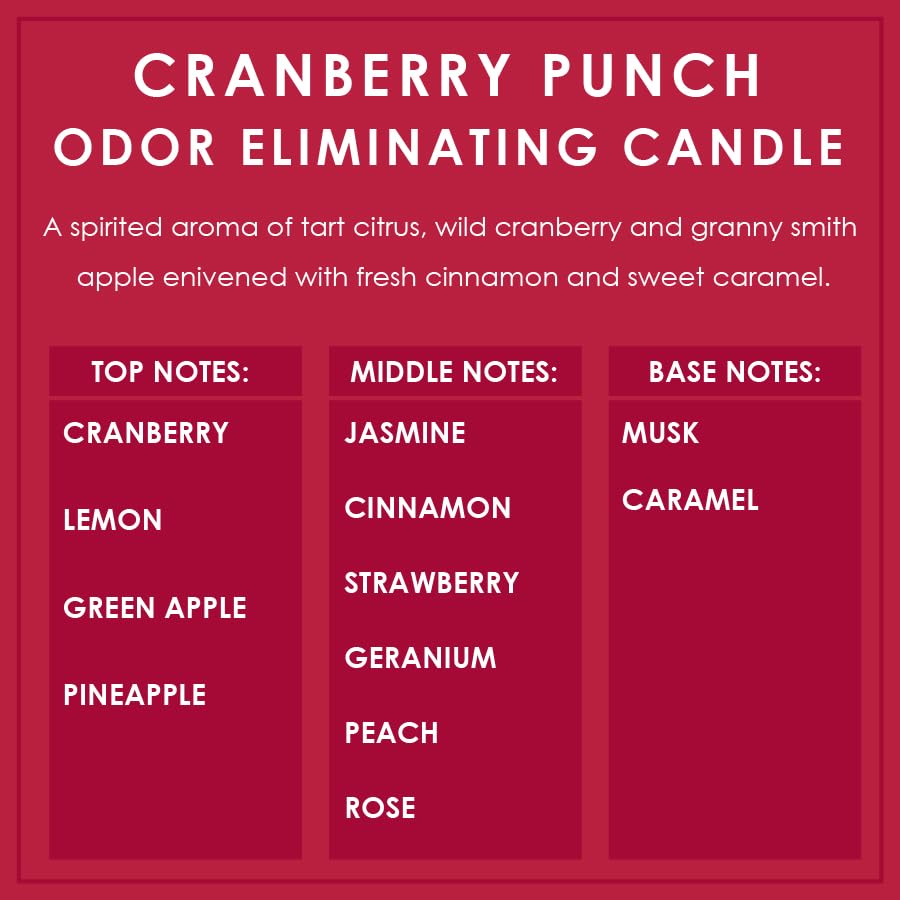 Cranberry Punch Odor Eliminating Highly Fragranced Candle - Eliminates 95% of Pet, Smoke, Food, and Other Smells Quickly - Up to 80 Hour Burn time - 12 Ounce Premium Soy Blend - color: Red