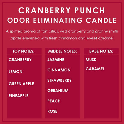 Cranberry Punch Odor Eliminating Highly Fragranced Candle - Eliminates 95% of Pet, Smoke, Food, and Other Smells Quickly - Up to 80 Hour Burn time - 12 Ounce Premium Soy Blend - color: Red