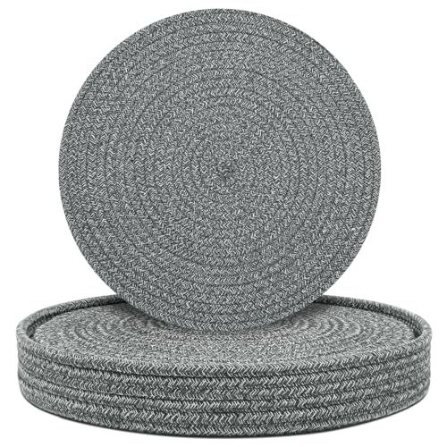 Round Placemats Set of 6 with Holder, Cotton Rope Woven Place Mats, Hot Pads for Kitchen, Heat Resistant Table Mats, 13 Inch Farmhouse Washable Braided Placemat for Kitchen Decor (Dark Gray) - color: Dark Gray