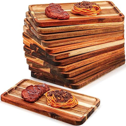 Roshtia 12 Pcs Acacia Wood Serving Tray Dinner Plates,8'' X 12'' X 0.6'' | Rectangular Wooden Platter Food Tray Cheese Charcuterie Board Bulk for Fruit Vegetable Appetizer Christmas Party Supplies - size: 8'' X 12'' X 0.6''