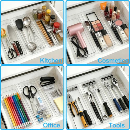 Manalete 4 Pcs Large Clear Plastic Drawer Organizer,15"x6" Vanity Organizer | Durable Clear PET Storage Bins Tray for Desk, Kitchen & Bathroom, Office, Tools, Easy Clean, Stackable, BPA-Free - size: 4 Pack 15"×6"