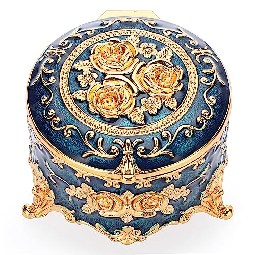 Hipiwe Antique Metal Jewelry Box Ring Earring Treasure Chest Case, Small | Blue Trinket Box Round Jewelry Display Boxes Necklace Organizer Wedding Birthday Gift Home Decor, 3x3x2.4 inch - color: Blue, size: Small