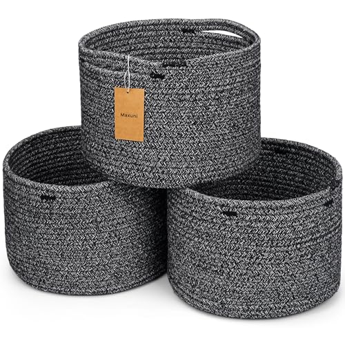 3 Pack Small Rope Storage Baskets, 9.82×9.82×7.1", Black | Cotton Basket for Gifts Empty, Cute Round Woven Basket, Decorative Shelf Basket Organizer, Organizing Basket for Shelves - color: Mixed Black-3PCS