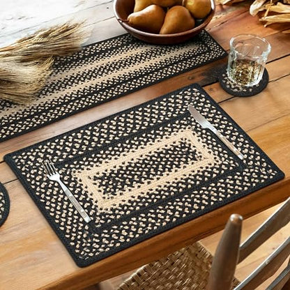 Homespice Manchester Jute Braided Placemats, Rect 13x19 Set of 6 | Black and Tan Protects Tabletop in Style, Rich Colors, Reversible, Durable and Easy to Clean - color: Manchester