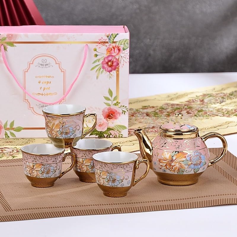 Luxury Ceramic Tea Cup and Saucer Set, 6 Pieces, Gold Plated with Floral Design, Gift Box (4 cups 1 pot, 2.2 * 2.56in) - color: 4 cups 1 pot 12 sets/case
