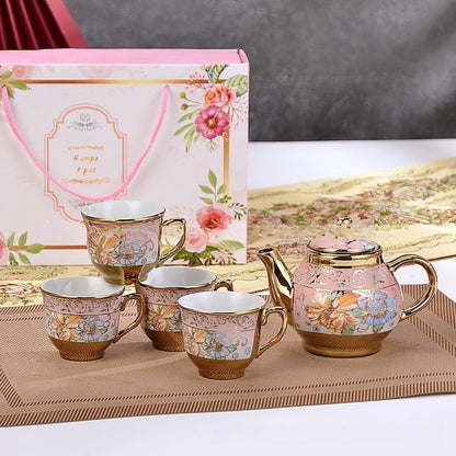 Luxury Ceramic Tea Cup and Saucer Set, 6 Pieces, Gold Plated with Floral Design, Gift Box (4 cups 1 pot, 2.2 * 2.56in) - color: 4 cups 1 pot 12 sets/case