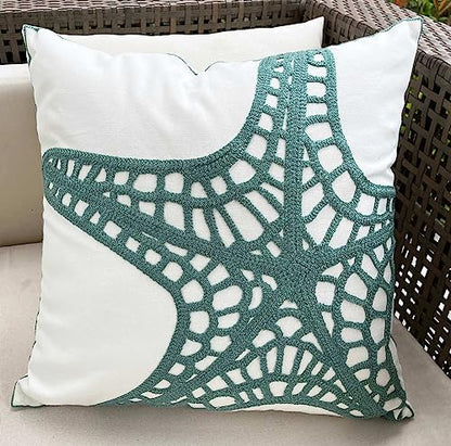 Embroidered Nautical Decor Pillow Cover,Square 18 Inches Decorative Canvas Pillow Cover for Nautical Style Deco by (Seagreen-Starfish-New)