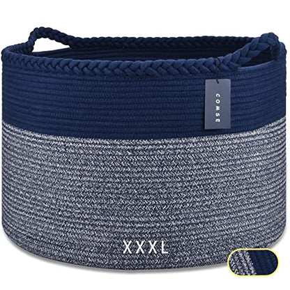 COMSE XXXLarge Woven Blanket & Laundry Basket, 87L, Navy Blue | 21.7" x 13.8", Cotton Rope, Nursery Hamper for Storage of Toys Clothes Towels, Ideal for Living Room Bedroom Bathroom - color: Navy Blue