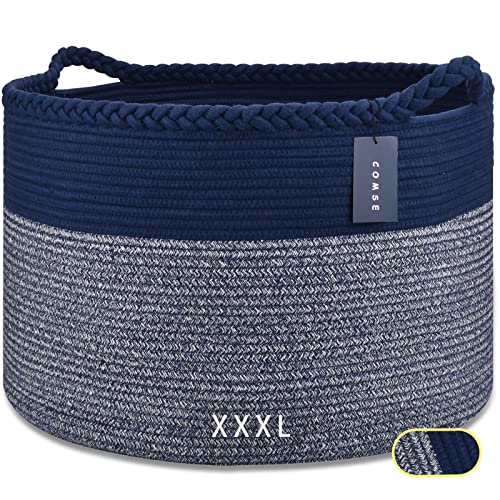 COMSE XXXLarge Woven Blanket & Laundry Basket, 87L, Navy Blue | 21.7" x 13.8", Cotton Rope, Nursery Hamper for Storage of Toys Clothes Towels, Ideal for Living Room Bedroom Bathroom - color: Navy Blue