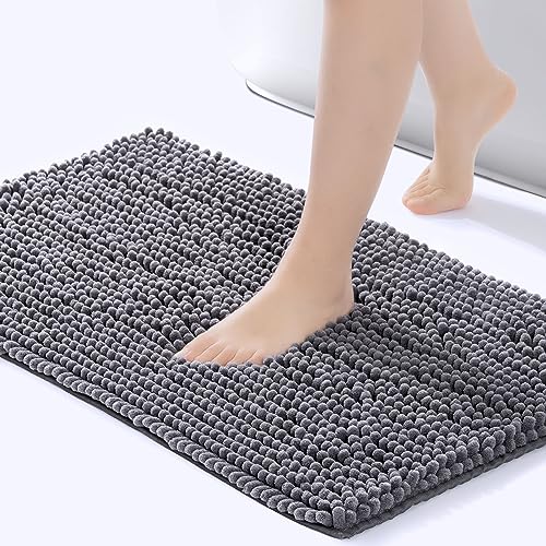 FRESHMINT Chenille Bathroom Rugs Non-Slip Bath Mat 32”x20”, Washable Soft Shower Mat, for Bathroom Floor & Tub Fluffy Shag Bath Rugs, Durable Thick Water Absorbent Microfiber Shower Rugs, Gray - color: Grey, size: 1'8" x 2'8" (Rectangular)