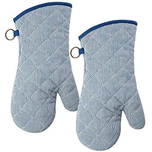 Yarn Dyed Oven Mitts 1 Pair， 100% Cotton Heat Resistant 470 Degree | Oven Gloves for Men Women Cooking Baking Barbecue BBQ Microwave Crafting Machine Washable Pot Holders Mittens (blue2) - color: Oven Mitts - Blue 2