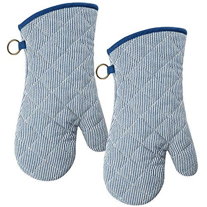 Yarn Dyed Oven Mitts 1 Pair， 100% Cotton Heat Resistant 470 Degree | Oven Gloves for Men Women Cooking Baking Barbecue BBQ Microwave Crafting Machine Washable Pot Holders Mittens (blue2) - color: Oven Mitts - Blue 2