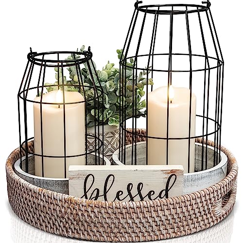 Rustic Farmhouse Lantern Decor Set of 2 - Stylish Decorative Lanterns for Your Living Room, Patio & Porch or Kitchen Dining Table - Modern Indoor/Outdoor Coffee Table Decor for Your Entire Home - color: Black/White