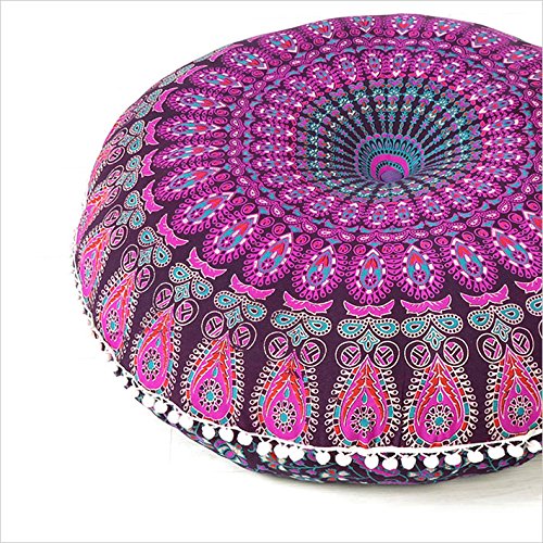 32" Purple Pink Mandala Floor Pillow Cover Meditation Cushion Seating Throw Hippie Round Colorful Decorative Bohemian Accent Boho Chic Dog Bed Indian Pouf Ottoman Handmade Cover ONLY - color: A Purple Mandala Round, size: 32" x 32" (Pack of 1)