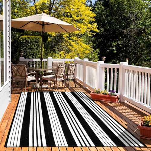 Outdoor Rugs 5'x7' Patio Rug Washable Carpet Black & White Camping Rug | Machine Washable Outdoor Rug Cotton Woven Area Rug Farmhouse Indoor Carpet for Front Door/Porch/Deck/Backyard/Balcony Decor - color: Black/White Stripe, size: 5' x 7' (Rectangular)