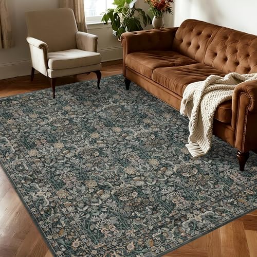 Vintage Botanical Area Rug 6x9: Floral Carpet Non-Slip - Dark Green | Classic Dark Tone Pattern Fits Compact Living Spaces - Washable, Stain Resistant, Low Pile for Living Room Pet Friendly - color: Dark Green, size: 6' x 9' (Rectangular)