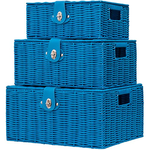 Set of 3 Woven Wicker Storage Basket Box with Lids & Lock, Built-in Carry Handles, Multifunctional Storage Organizer for Nursery, Baby, Clothes, Toys, Books, Large/Medium/Small Size (Blue) - color: Blue