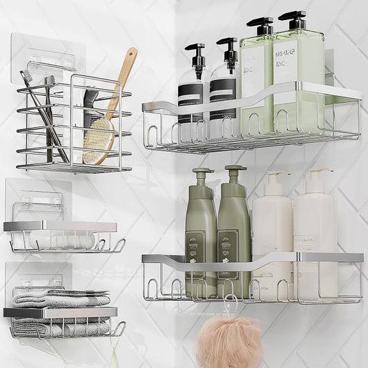 Clara Clark Shower Caddy Adhesive Organizer - Large Capacity Shower Rack, Rustproof Stainless Steel Shelves for Bathroom Storage & Home Decor - color: Silver
