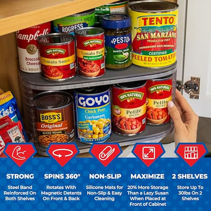 2-Tier Lazy Susan Pantry Organizer – Steel Reinforced Turntable for Kitchen Cabinets & Pantry Storage – Heavy-Duty Can Organizer Holds Up to 30 lbs – Rotates 360° – Includes 2 Bonus Bins | Two Rotating Steel-Reinforced Shelves, Holds 30 lbs, 360-Degree Ro