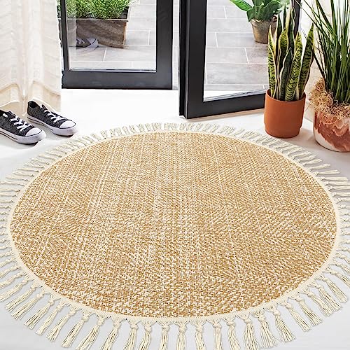 Hand Woven Circle Area Rug, Soft Hand Woven Cotton Washable Carpet | 4ft Modern Farmhouse Rugs with Tassels, Tan/Cream Round Rugs for Bedroom Living Room Dining Room Table Office - color: Tan/Cream, size: 4' (Round)