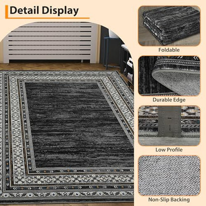 Modern Neutral Rugs for Living Room Bedroom 10x13 Washable Non Slip Solid Area Rug, Stain Resistant Bordered Soft Carpet, Large Foldable Floor Rugs for Dining Room Playroom | Modern Non Slip Low Pile Stain Resistant Bordered Foldable Soft Textured Solid C