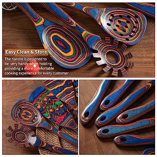 Gudamaye Pakka wood 7-Piece Blue Wooden Cooking Utensils, Wooden Spoons for Cooking, Wooden Spoon Set, Wooden Kitchen Utensil set, Pakkawood Cooking Spoons, Non-Stick Spoon,Pakkawood kitchen utensils - style: Pakkawood 7 PCS Blue