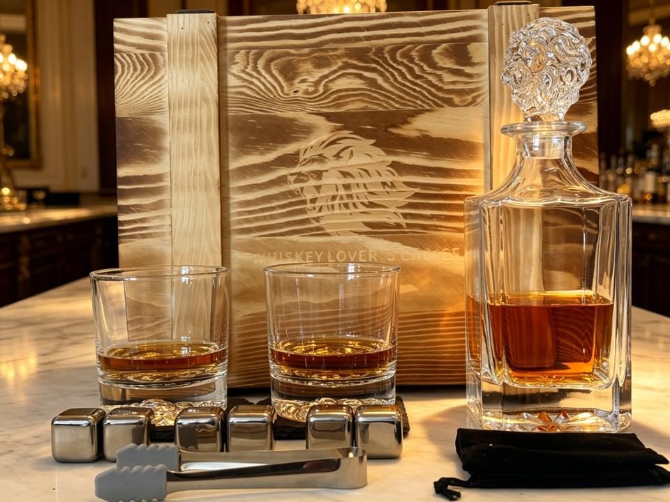 Lion Head 14-Piece Crystal Whiskey Decanter Set - 750ml Lead-Free Hand-Blown, 2 Glasses, 6 Stainless Stones, Coasters & Pine Gift Box - Engraving Ready for Him, Birthday Anniversary