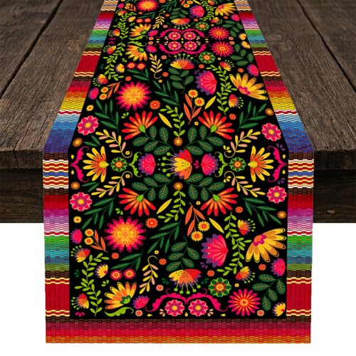 Mexican Table Runner，Colorful Floral Fiesta Cinco De Mayo Dia De Los Muertos Day of The Dead Mexico Theme Print Rustic Table Runner for Kitchen Dinning Table Decor Cafe Home Party Holiday, 13x36 Inch - color: Mexican-10, size: 13"W x 36"L