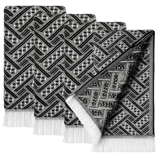 4-Pack Cotton Bathroom Hand Towels – Boho Hand Towel Set with Luxury Jacquard Weave & Fringe Decor, 13"x29"Absorbent Soft Face Set for Kitchen, Bathroom, Guest Tea Gift, Hotel, Farmhouse (Black,White) - color: Black，white