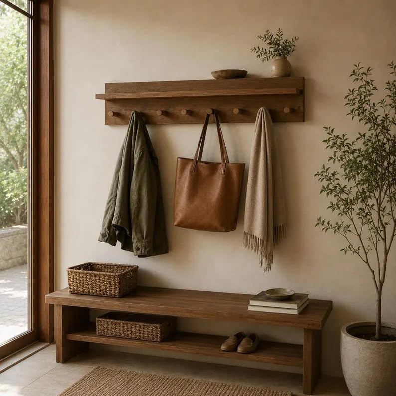 Rustic Wooden Coat Rack Wall Mount with Top Shelf, Solid Wood Peg Hook Rail Entryway Hat Jacket Purse Hanging Organizer for Mudroom Hallway Bathroom Home Decor