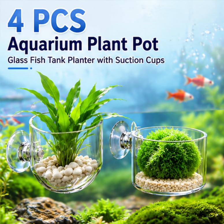 2Pcs Aquarium Plant Pot, Fish Tank Planter with Suction Cups, Plants Holder Decoration Cup