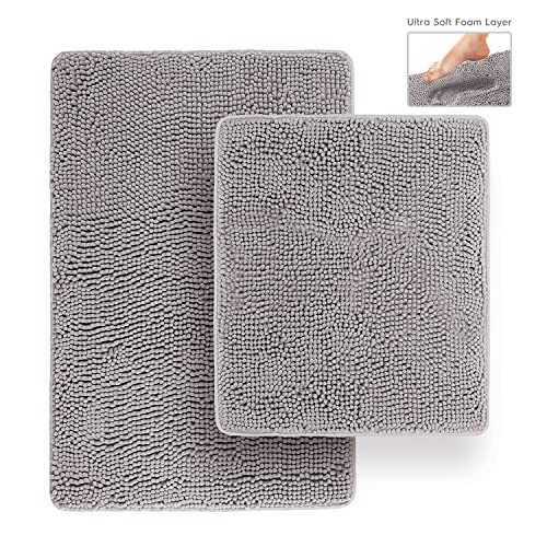 Bathroom Rugs, Extra-Thick Memory Foam Bath Mat, Ultra-Soft Chenille Microfiber, Highly Absorbent, Machine Washable, Shaggy Bath Mats for Bathroom, Non-Slip (21x32 + 20x22, 2pcs) Lt Grey - color: Light Grey, size: 21 x 32 + 20 x 22 - No Cutout