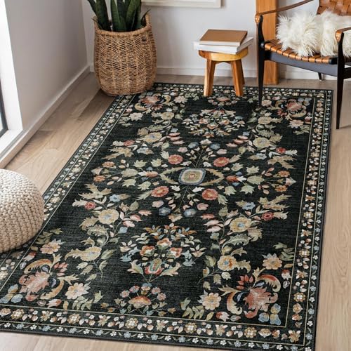3x5 Rug Washable Floral Area Rugs Non Slip Ultra-Thin | Small Throw Carpet for Bedroom Entryway Living Room Office Kitchen Bedside Floor Indoor Low Pile Boho Vintage Black - color: Black, size: 3' x 5' (Rectangular)